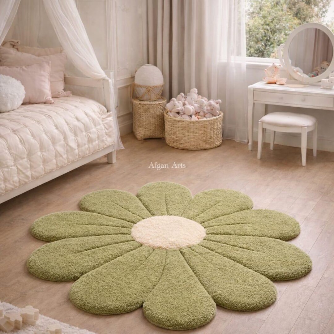 Hand Tufted Daisy Flower Rug, Green Floral Wool Area Carpet, Irregular ...