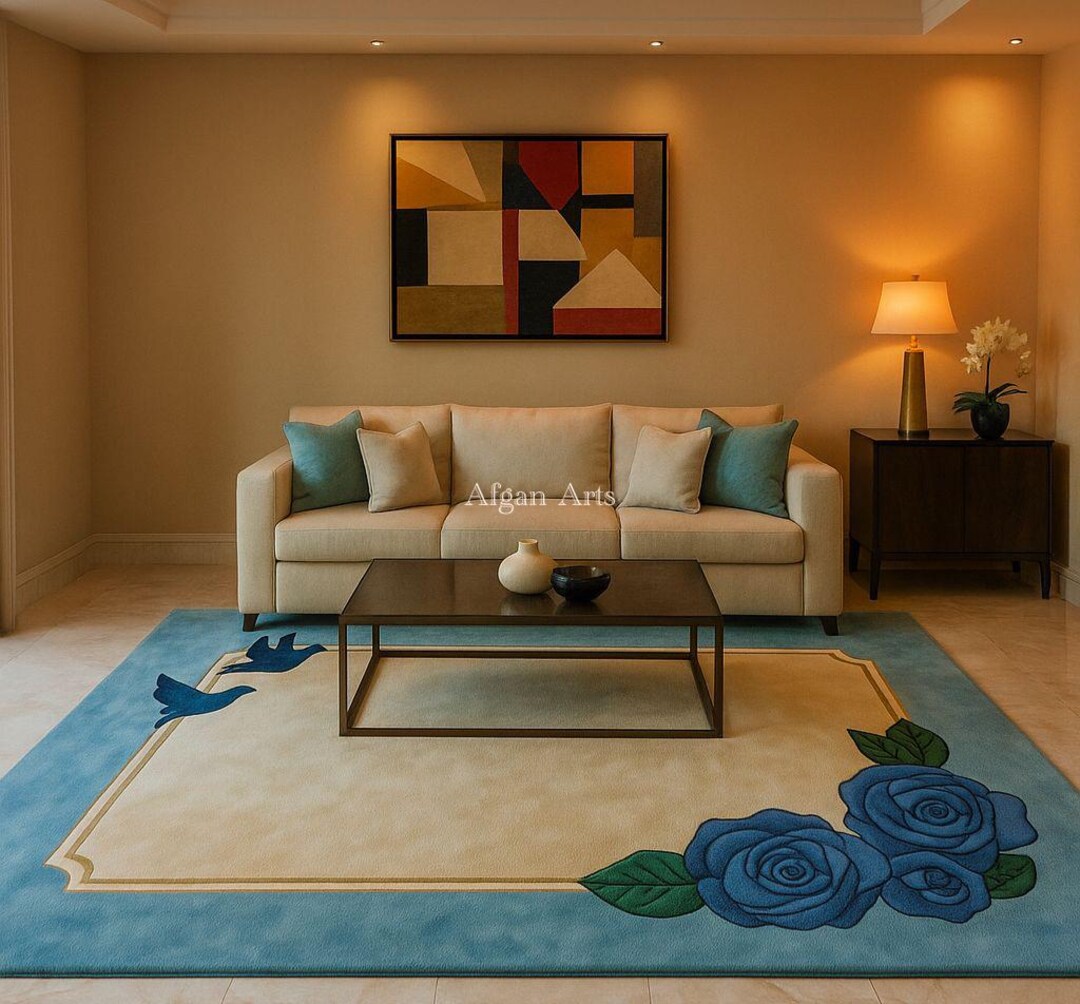 Hand Tufted Wool Rug, Blue Rose Bird Design, Modern Floral Rug - Etsy