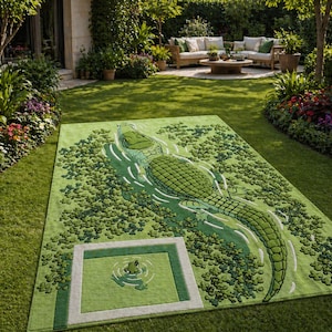 May include: A rectangular area rug featuring a large green alligator swimming through textured green foliage. The rug includes a smaller inset square section at the bottom containing a small frog graphic surrounded by concentric water ripple lines.