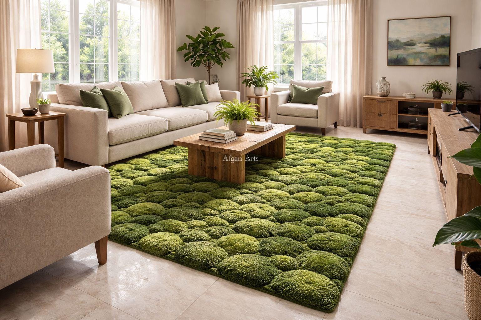 Hand Tufted Moss Green Rug, 3D Texture Wool Area Rug, Organic Nature ...