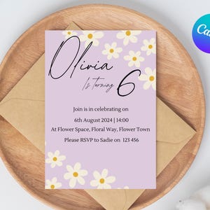 Modèle d'invatation de fleur violette modifiable, invitation à une fête d'anniversaire, invitation pour enfants, marguerite, marguerites.