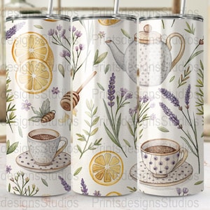 Tea Lover Tumbler Wrap, Lemon and Lavender Design, 20oz Skinny Tumbler PNG, Digital Download, Straight Tapered Wrap, Commercial Use