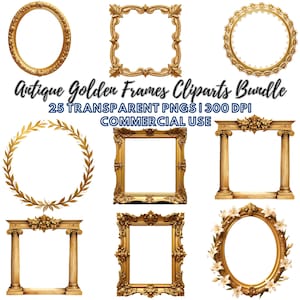 Antique Gold Frames Clipart: 25 Vintage Ornate PNGs (Digital Download, Commercial Use