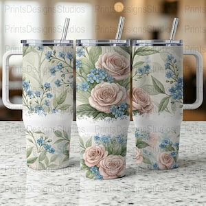 Blue Floral Rose 40oz Tumbler Wrap, Full Wrap for 40oz Tumbler, Elegant Floral 40oz Tumbler Gift, Trendy Flower Design Tumbler Wrap