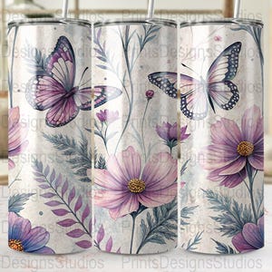 Butterfly Flower Tumbler Wrap Digital Download, 20oz Skinny Tumbler Sublimation, Floral Tumbler Wrap PNG, Commercial Use Tumbler