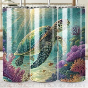 Sea Turtle Tumbler Wrap: Underwater Scene Sublimation Design (PNG Digital Download 20oz Skinny Tumbler )