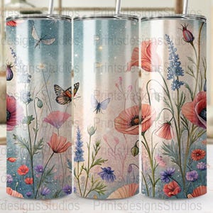 Butterfly Floral Tumbler Wraps, 20oz Skinny Tumbler PNG, Straight Tapered Tumbler Wrap, Floral Digital Download, Commercial Use