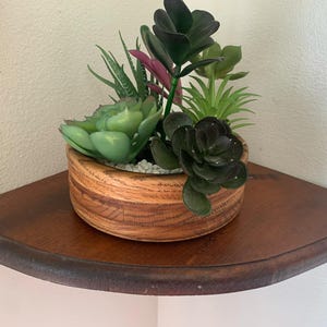 May include: A wooden bowl filled with a variety of green and brown succulents. The bowl has a natural wood grain pattern and is sitting on a wooden shelf.