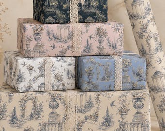 Collezione di carta da regalo Toile de Jouy francese, carta da regalo vintage in stile country francese, carta da regalo floreale Toile de Jouy blu, 5 eleganti opzioni di colore.