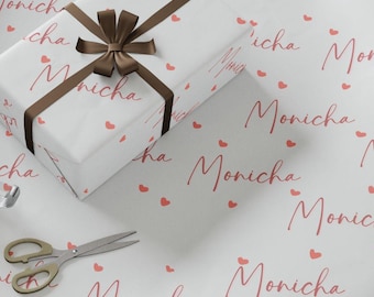 Papel de regalo personalizado con nombre y corazones, papel de regalo romántico