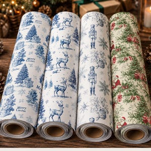 Collectie kerstcadeaupapier met toile-motief: blauw kerstman- en notenkraker-thema, kerstpapier met hertenmotief, winterpatroon, vintage kerstcadeaupapier.