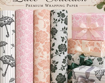 Rolo de Papel de Embrulho Vintage com Renda Floral, Coleção Romântica de Rosas, Ideal para Chá de Panela, Presente de Casamento e Dia das Mães