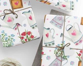 Papel de embrulho com tema de jardim, papel de presente com regador floral, embalagem estilo cottagecore, rolo de papel com estampa de flores da primavera.
