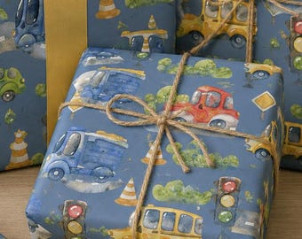 Papel de embrulho aquarelado com veículos de construção, ideal para presente de aniversário infantil com caminhão de construção, perfeito para festas e presentes para meninos.