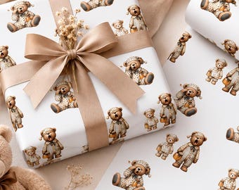 Papel de embrulho com ursinho de pelúcia, rolo de papel de embrulho para chá de bebê, papel para decoração de quarto de bebê com ursinho sonolento, papel de embrulho para presente de recém-nascido, presente de primeiro aniversário
