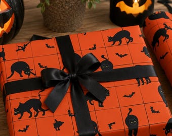 Halloween cadeaupapierrol met kattenmotief, cadeaupapier met zwarte kattenprint, papier met griezelig vleermuispatroon, schattige oranje Halloween verpakking