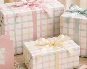 Rolo de Papel de Embrulho para Presente Xadrez Pastel, Papel de Embrulho Coquette, Embalagem Xadrez Arco-Íris Suave, Papel de Aniversário Fofo e Elegante