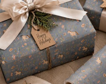 Rollo de papel de regalo con diseño de vaquero del oeste, papel de regalo con motivos de caballos, papel de regalo con motivos de vaqueras, papel de regalo rústico campestre, 5 opciones de color.