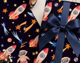 Papel de embrulho espacial, papel de presente com tema de foguete de astronauta, embalagem para festa de aniversário infantil