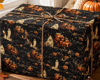Rolo de Papel de Embrulho Vintage de Halloween, Papel de Presente com Fantasma e Abóbora para Casa Assombrada, Papel de Presente Gótico de Outono, Papel Assustador de Outono