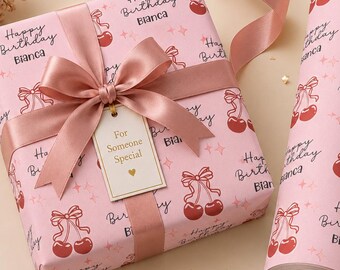 Personalized Cherry Birthday Wrapping Paper, Pink Teen Party Gift Wrap