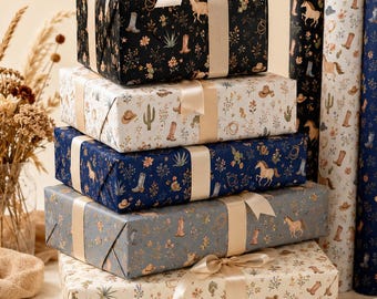 Western Cowboy Rodeo Wrapping Paper Roll, Horse Gift Wrap, Cowgirl Gift Wrap, Rustic Country Gift Paper, 5 Color Options