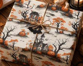 Papel de embrulho vintage para Halloween com tema de casa assombrada, abóbora gótica, papel de presente assustador de outono, estilo cottagecore.
