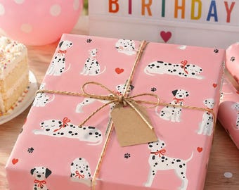 Papel de embrulho com estampa de dálmata, papel de presente com cachorrinho rosa, papel de presente fofo com filhote, papel de presente para aniversário de amante de animais de estimação, rolo de presente para o Dia dos Namorados