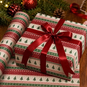 Fair Isle Christmas Wrapping Paper, Nordic Holiday Gift Wrap Roll, Vintage Xmas Tree Pattern, Scandinavian Present Wrap