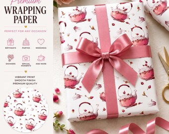 Rolo de Papel de Embrulho com Estampa Floral de Bule de Chá, Papel de Presente Coquette para Festa do Chá, Embalagem Rosa Vintage, Papel de Aniversário Cottagecore para Amantes de Chá