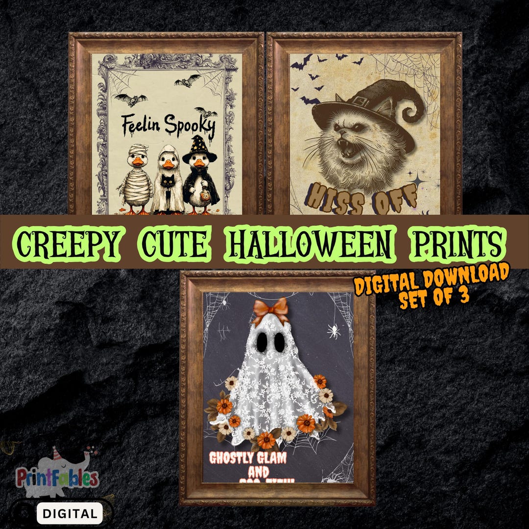 Creepy Cute Halloween Wall Art Set of 3 – Spooky Ghost, Cat & Duck ...