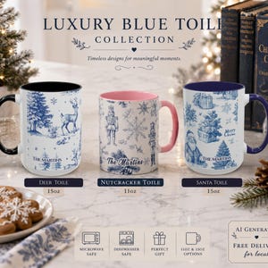 Personalized Blue Toile Christmas Mug, Custom Family Name Coffee Cup, Deer Nutcracker Santa Gift, Vintage Holiday Kitchen Decor