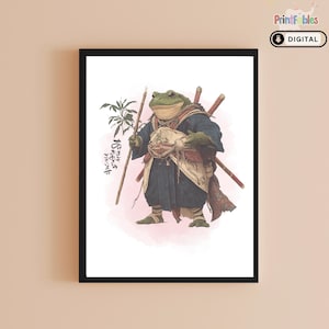 Lámina de rana samurái para pared: póster de rana guerrera japonesa, decoración de rana zen, ilustración de samurái, obra de arte digital imprimible