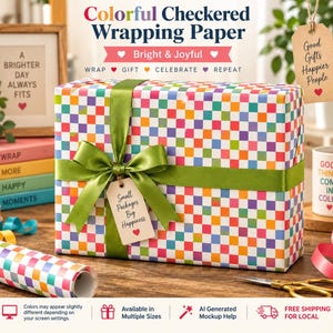 Rainbow Checkered Wrapping Paper, Retro Checkerboard Gift Wrap, Fun Birthday Packaging