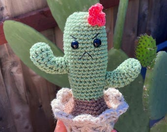 May include: A crocheted cactus toy with a green body, brown pot, and a pink flower on top. The cactus has a grumpy expression with black eyes and a frown.