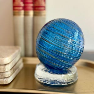 Handblown Blue Orb Art Glass Swirl Sculpture Paperweight on Clear Base, 5&quot; Tall