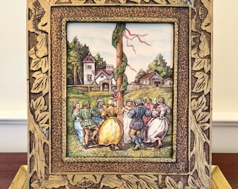 Vintage Artini gebeeldhouwde gravure "Meiboomdans" handgeschilderd reliëf 14,5 x 12,5"