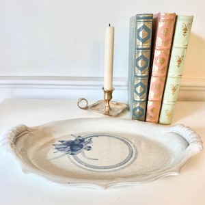 Studio Art Pottery Tray w/Handles in Blue Florals & Skillful Details ~ Artisan Signed ~ 12.5&quot; x 8.5&quot;