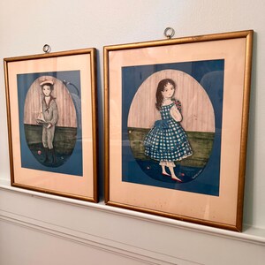 Framed 1970s Nursery Print Pair: Carol Blanchard Art, Brass Hooks