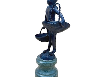 Bronze Sculpture: Girl with Two Baskets After Suzanne Bizard - Art Nouveau Marble Base