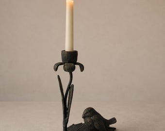 Vintage Cast Iron Bird Candle Holder Flower Leaf Brutalist Cottage Candlestick