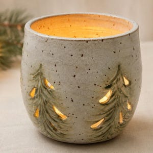 Handmade Winter Pine Tree Pottery Luminary Pierced Stoneware Candle Holder 3.5""