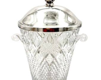 Vtg Baldwin Crystal Ice Bucket Diamond Cut Barware Hollywood Regency Silverplate