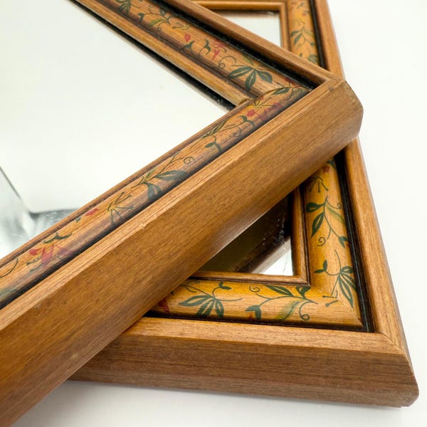 Hand-Painted Floral Wood Mirrors – Vintage Cottage Wall Decor – Pair of 7.5" Square Frames