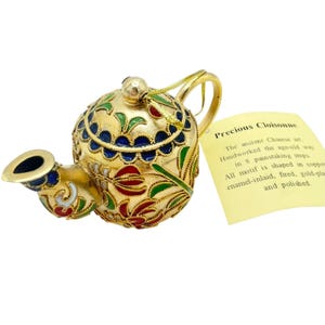Vintage Cloisonné Mini Teapot Ornament with Floral Enamel Detail 3" x 2"