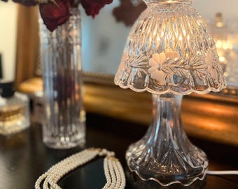 Vintage Boudoir Table Lamp Etched Glass Floral Cut Glass 10" Cottage Elegance