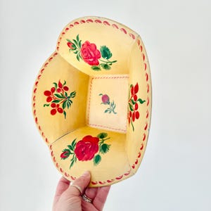 Hand Painted Toleware Fruit Bowl in Yellow w/ Red Rose Detail 10.5&quot; x 3&quot; ~ Vintage