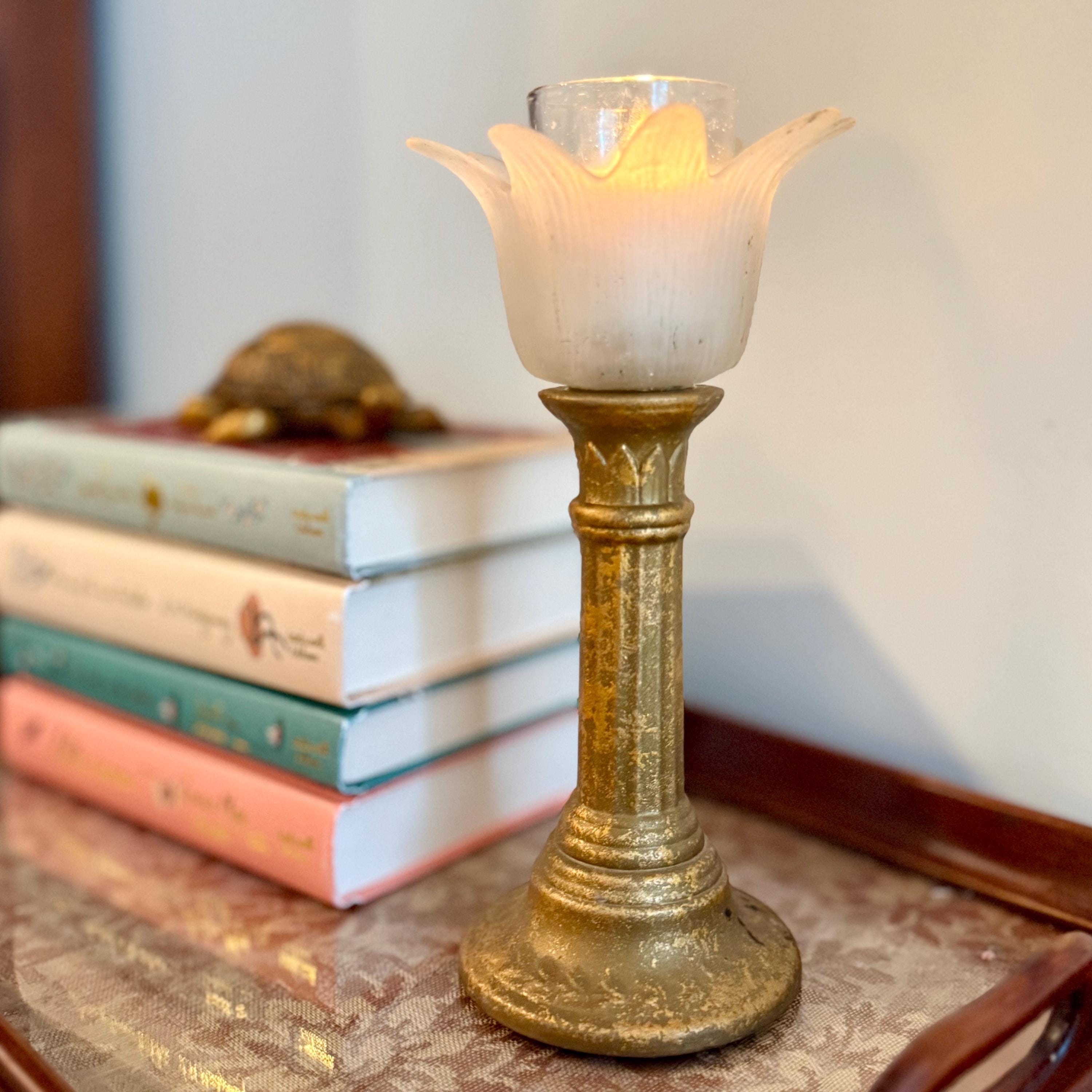 Art Nouveau Candle Holder Pillar With Tulip Shaped Glass  display picture 1
