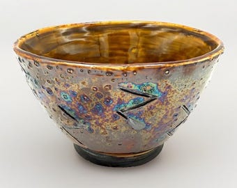 Studio Art Pottery Bowl Signed SEC Iridescent Raku-Style Glaze Solar Rainbow 6"