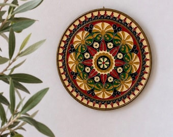 Plato de pared griego antiguo de latón esmaltado de 20 cm (8 pulgadas), hecho a mano con arte popular mediterráneo.